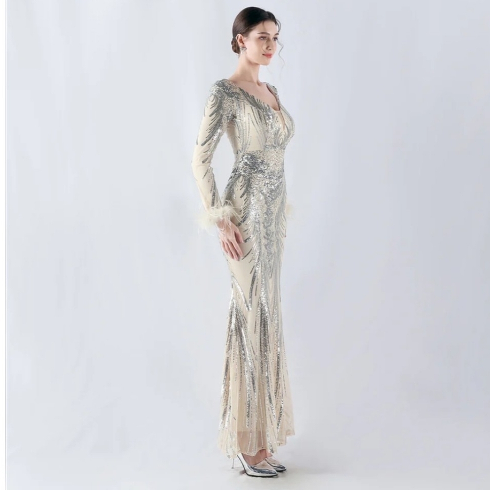 Sequin Silver & Cream Long-Sleeve Evening Gown With Ostrich Feathers - Picture 6 of 16